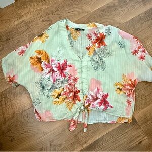 Express Floral Tie-Front Blouse - Pink, Orange, Green
